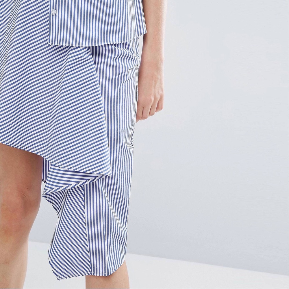 JOA WRAP FRONT HIGH LOW MINI SKIRT IN FINE STRIPE - Picture 2 of 9